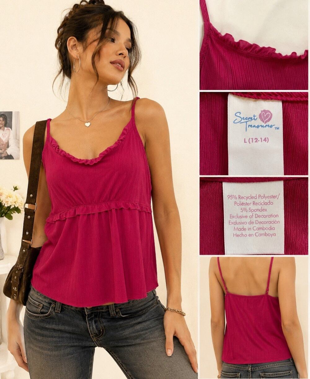 Y2K Boho Secret Treasures Women's Peplum Cami Top Size L Magenta Pink Going out